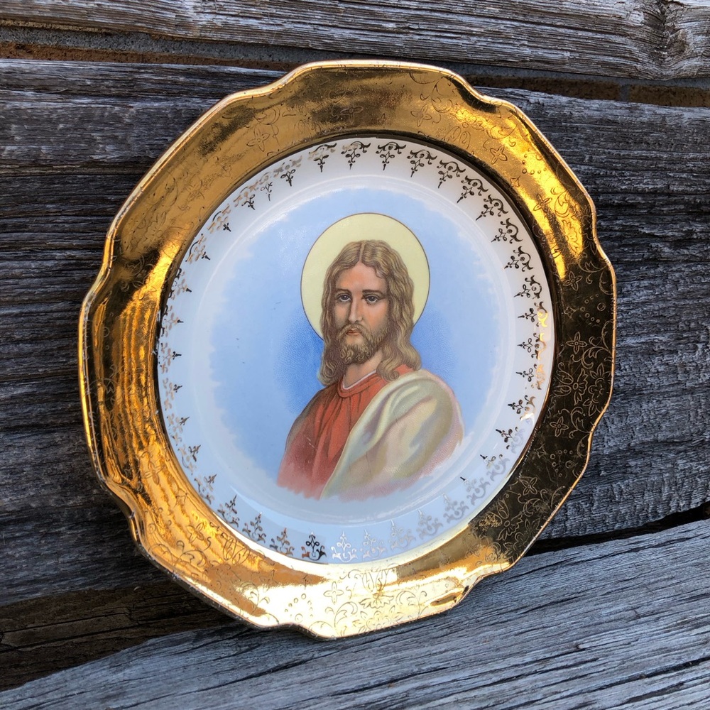 Sabin Crest-O-Gold Jesus decorative wall plate Religious 22K decor Vintage
